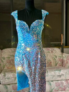 Banjul Iridescent Blue Sequin Midi Dress with Sweetheart Neckline